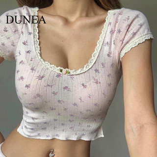 Áo Crop Top cổ chữ U chắp vá ren gợi cảm dành cho nữ DUNEA