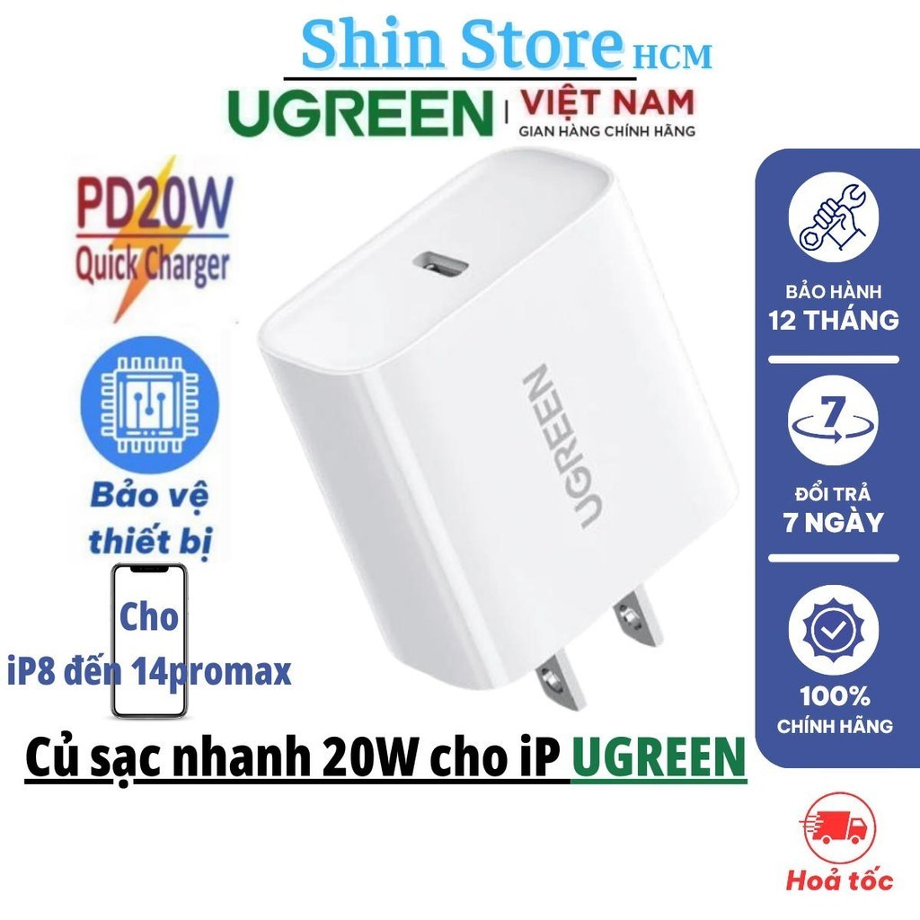 Củ sạc nhanh PD 20W UGREEN, cổng cắm Type C giúp Sạc nhanh chống quá nhiệt (không kèm dây sạc) - Shi