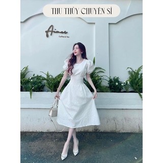 VÁY XỐP GẤM TRẮNG LY EO TAY BỒNG