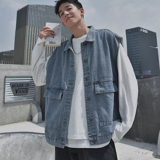 Mùa Thu Phiên Bản Hàn Quốc Rời Hip-Hop ins Áo Khoác Denim Nam Thanh Niên Dụng Cụ Không Tay Hợp Thời Trang Áo Vest Áo Khoác
