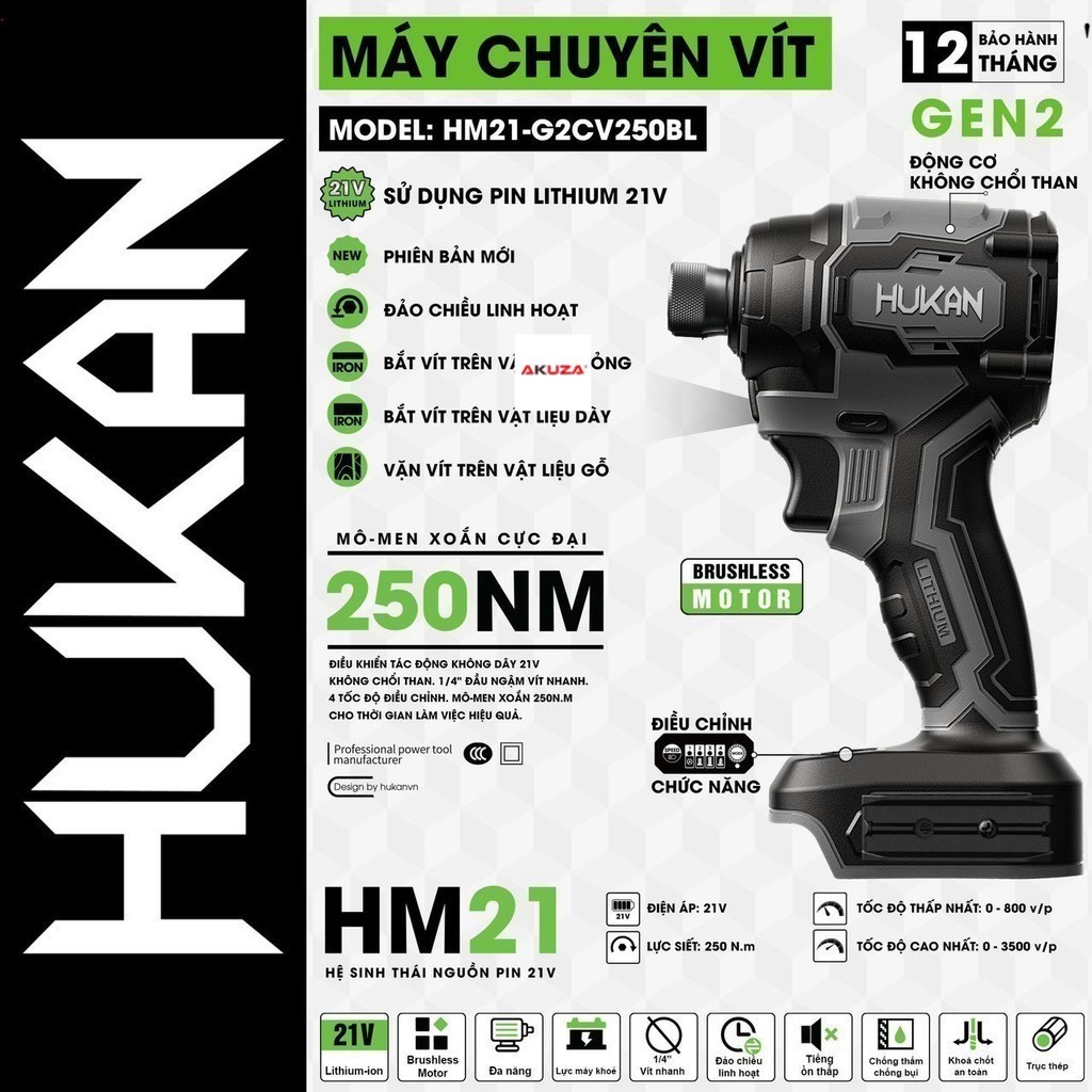 [GEN2] Chuyên Vít Hukan 250N.m / Thân máy bắn vít pin 21V Hukan HM21-G2CV250BL akuza giá sỉ