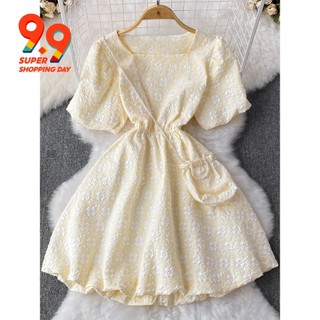 Mùa Hè Pháp Retro Tính Khí Puff Tay Cổ Vuông Eo Ôm Hơn Nhìn Đầm Nhỏ Ngắn Lông Tơ Đầm Công Chúa