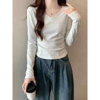 【100% cotton  Áo baby tee Áo Thun tay dài ôm body Áo thun mẫu ngắn nữ cổ chữ V màu xám dài tay