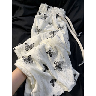 Quần ống đứng lau nhà mùa hè rách lỗ cho nữ quần dài in họa tiết quần thường ngày cạp cao có thiết kế quần ống rộng bướm WJJO