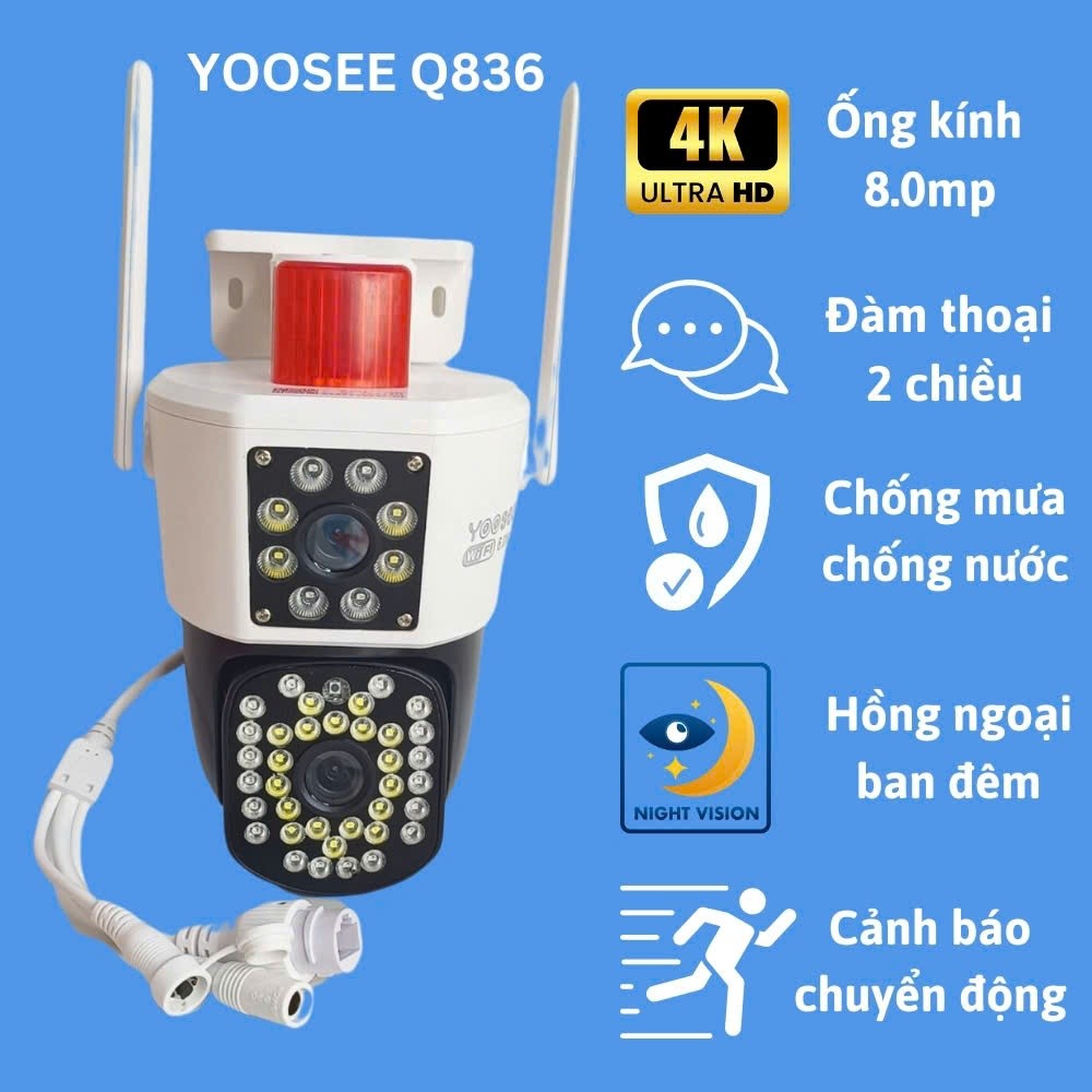 Camera Yoosee 2 Mắt Q836 - chuẩn 4K siêu nét - xem đêm có màu - xoay 360 BẢO HÀNH 5 NĂM