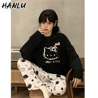 Bộ đồ ngủ bút chì bạc HANLU dành cho nữ Hello Kitty Quần dài tay Bộ quần áo gia đình