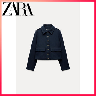 Zara Hàng Mới Về Quần Áo Nữ Màu Xanh Navy Nút Vàng Mềm Áo Khoác Ngắn