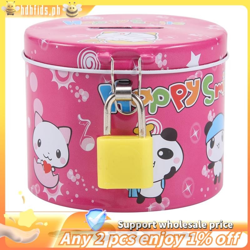 -Cylinder Design Cartoon Print Piggy Bank Hộp tiết kiệm tiền xu có ổ khóa