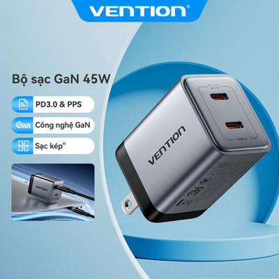 Vention 45W GaN USB-C Sạc Nhanh Cổng Kép PD3.0 & PPS Thông Minh Nhanh & Sạc 90 Độ Có Thể Gập Lại