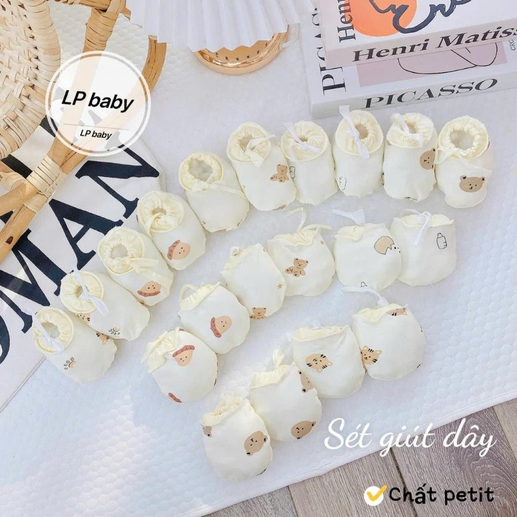 Combo 2-3 Set Bao Tay Bao Chân Cho Bé Sơ Sinh Có Dây Rút Chống Tuột, Vải Petit Thun Lạnh Mềm Mại Và Đáng Yêu