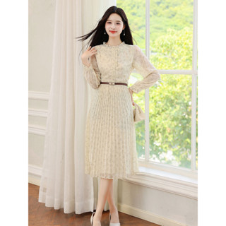  Đầm hoa chiffon màu mơ dài tay cho nữ thời trang mùa thu mới đầm xếp ly phong cách Pháp thanh lịch 