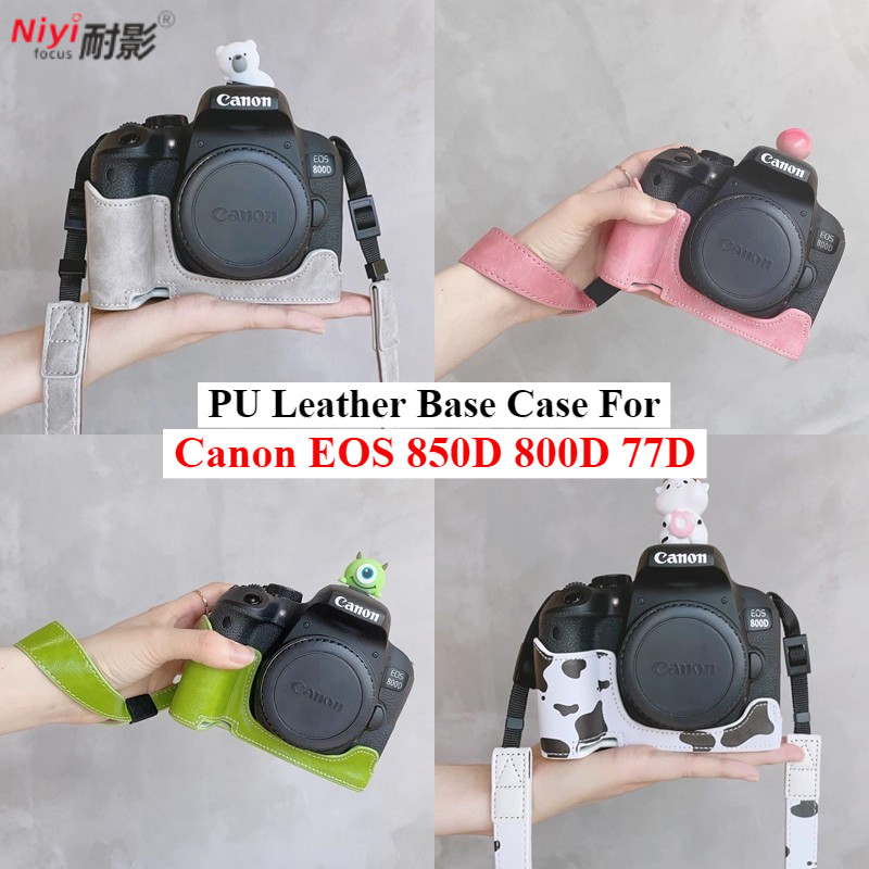 Bao Da PU Đế Canon EOS 850D 800D Camera Bảo Vệ Nửa Gói Đế Canon 77D Bao Túi Pin Mở Đáy