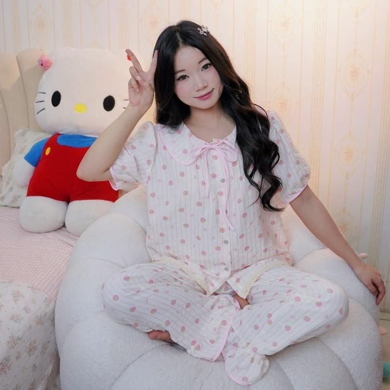 bộ ngủ nữ tiểu thư cổ sen cộc dài vải đũi bông mây mùa hè mặc đi ngủ mát mẻ thoải mái Women Quần Ngủ Áo Ngủ Cotton | BigBuy360 - bigbuy360.vn