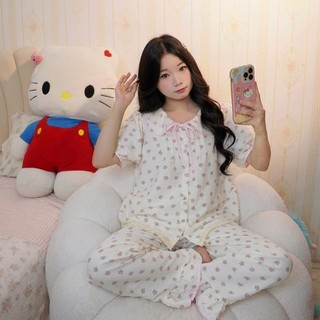  bộ ngủ nữ tiểu thư cổ sen cộc dài vải đũi bông mây mùa hè mặc đi ngủ mát mẻ thoải mái Women Quần Ngủ Áo Ngủ Cotton 