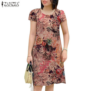Zanzea Nữ Vintage Tay Ngắn Cổ Tròn Nút Lưng In Hình Váy