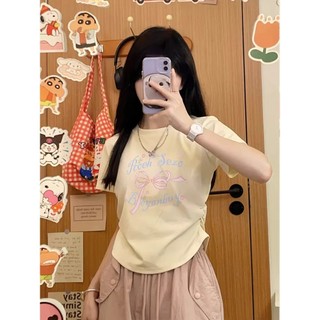 【100% cotton 】Áo baby tee Áo Thun ôm body Áo y2k In hình phiên bản Hàn Quốc Slim-fit Vai xếp ly ngắn tay T @ -