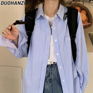 Duohanzi Áo sơ mi nữ sọc xanh Hàn Quốc Áo sơ mi phong cách BF dáng rộng áo sơ mi giản dị đa năng retro dài tay