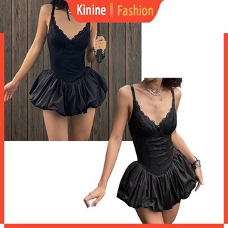 Kin Nữ Cổ Thấp Một Dòng Đầm Ngắn Ren Viền Nối Không Tay Chắc Chắn Áo Viền Eo Thấp Xếp Ly Bong Bóng Váy