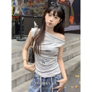 Cocorygirl Quần áo nữ Hàn Quốc Áo thun lệch vai ngắn tay in chữ lồng đa năng mùa hè slim top