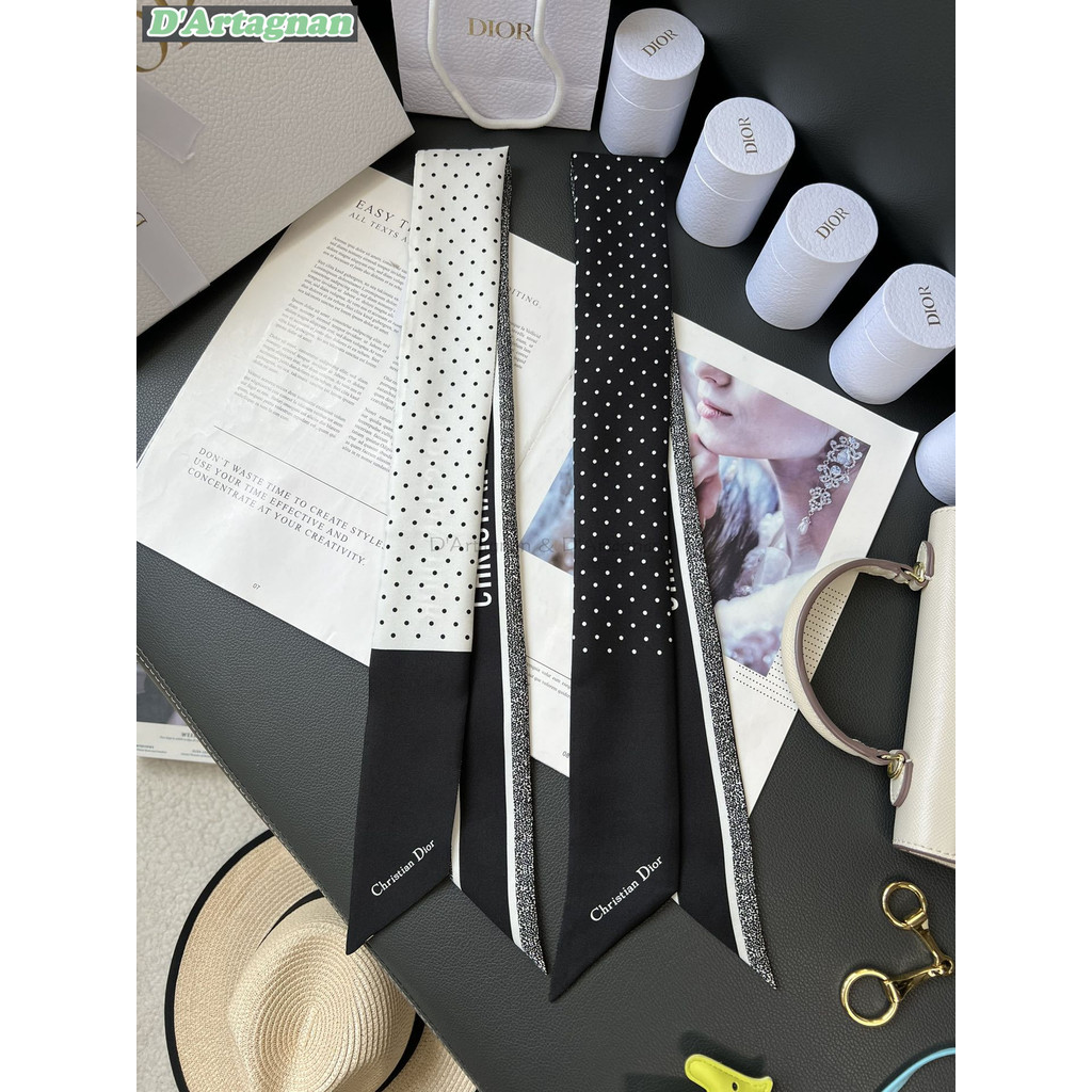 {100% lụa dâu tằm} CD Mitzah Khăn lụa dâu tằm Vải Twill Chấm bi In phiên bản dài Dây buộc tóc phù hợp với thiết kế mũi nhọn Dây buộc cổ tay hoặc túi xách Top Strip Khăn quàng cổ phong cách nữ