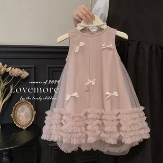 Cá Mập Con - V625: Váy Babydoll Hồng Voan Bèo Đính nơ Trắng Xinh Bé Gái