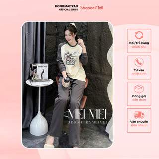  Set đồ nữ thu đông áo thun dài tay in hình phối quần dài ống suông cực xinh xắn HONG MAI TRAN ST15767 