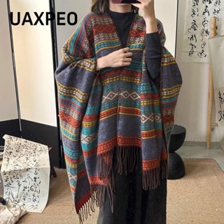  Khăn choàng phong cách dân tộc UAXPEO Khăn choàng giả Cashmere mùa thu đông Áo len sọc 