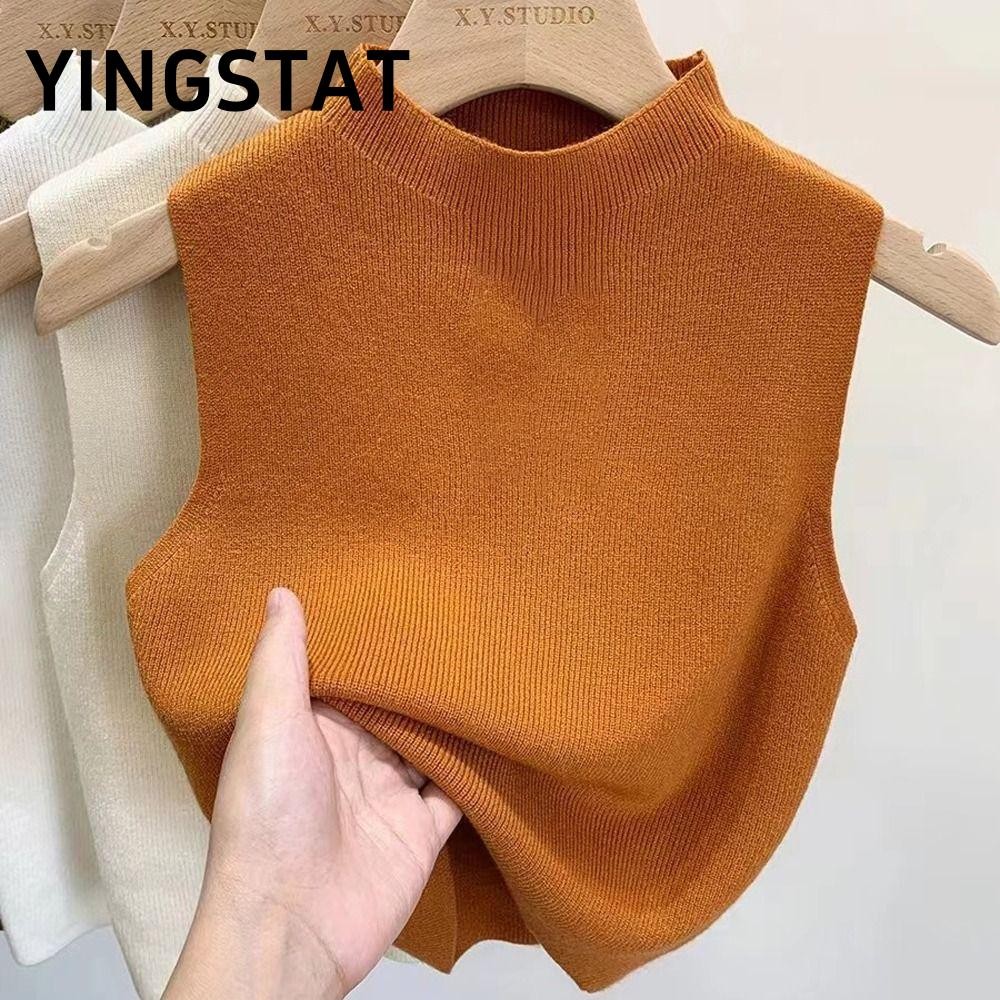 YINGSTAT Áo Tank Top , Áo len dệt kim giảm béo màu trơn, Áo hai dây nửa cổ tròn không tay thanh lịch dành cho nữ