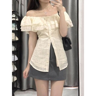 SAM - Áo Trễ Vai Nữ Phối Bèo Tay Ngắn ,Tay Dài , Áo Sơ mi Kiểu Nữ Trễ Vai Chất Đũi Gân Sóng Phong Cách Tiểu Thư - A2084