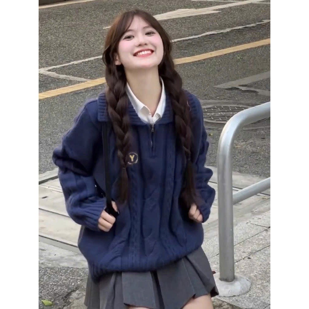 [ẢNH THẬT] Áo len vặn thừng nữ Yummy cổ sơ mi, Áo len cổ sơ mi phối khóa kéo vintage Hàn Quốc AL22 | BigBuy360 - bigbuy360.vn