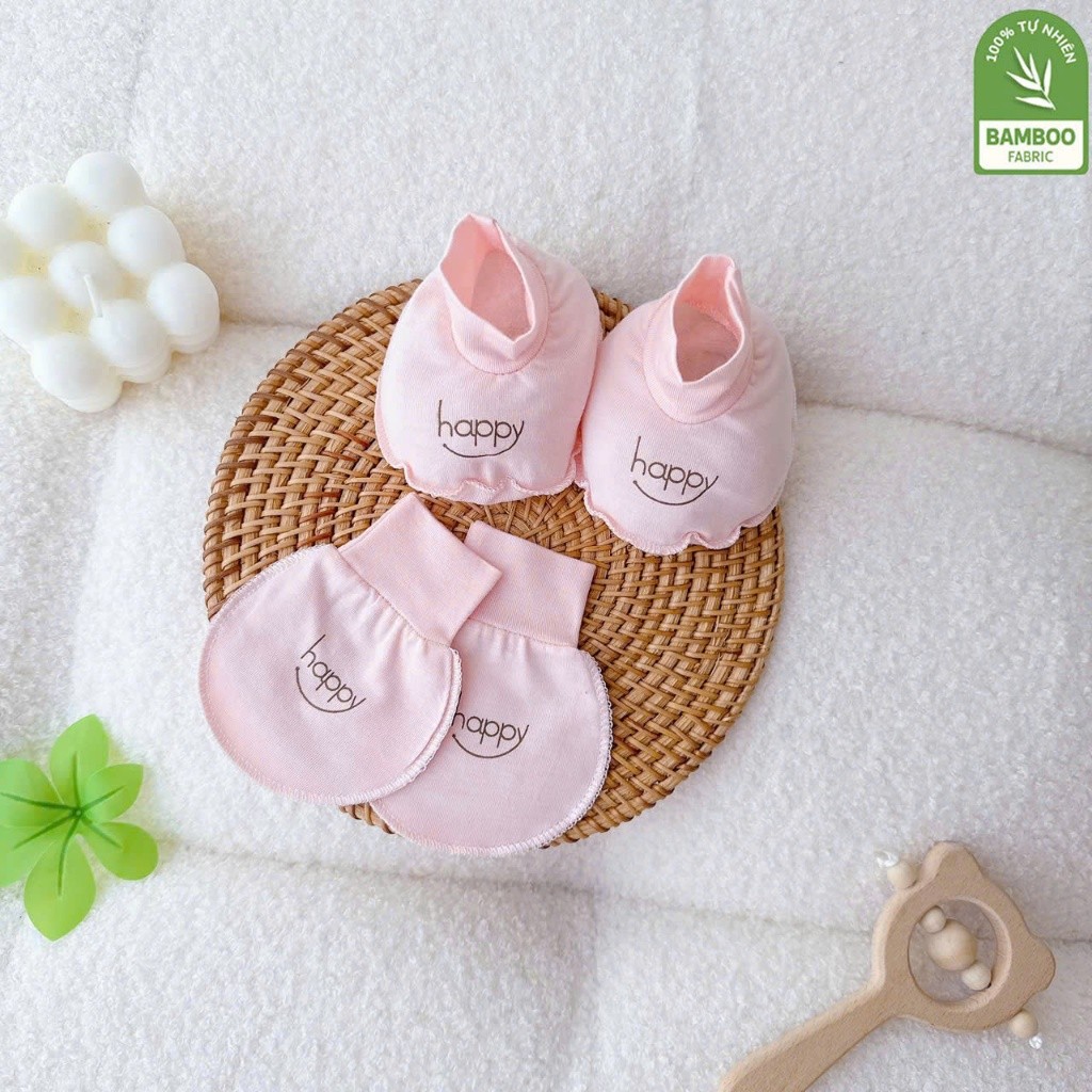 Set Bao Tay Bao Chân Happy Vải Thun Lạnh Mềm Mại Cho Bé Cho Bé 0-3 Tháng (HAPPY)