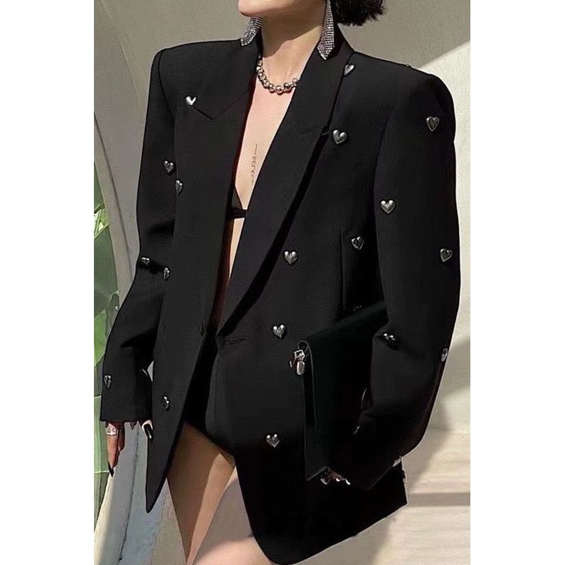 Châu Âu Mỹ Đen Phong Cách Blazer Mùa Thu 2025 Thời Trang Công Nghiệp Nặng Trái Tim Tình Yêu Cao Cấp 