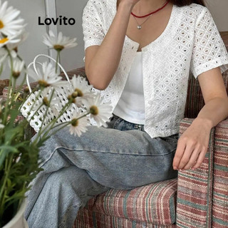 Áo kiểu Lovito thêu lỗ viền mắt vải màu trơn phong cách Boho cho nữ L89ED233