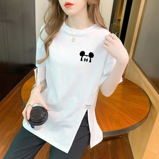 [Sẵn sàng] [Cotton] Vải chất lượng cao Kích thước lớn Plus Fat Slimer Look 2024 Phong cách mới Cotton dài vừa phải Quần áo châu Âu dáng rộng ins Áo thun xẻ đôi nữ tay ngắn mùa hè