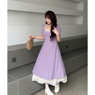 Thiết kế Sense Qianhui Phong cách dài 05106C Đầm màu tương phản Ôm hơn Cổ vuông +] 05097C Eo hẹp béo mm [IM1G