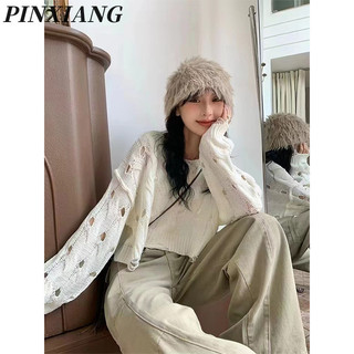 Pinxiang Áo len dệt kim rỗng mỏng dáng rộng phong cách cổ tròn áo sơ mi ngắn