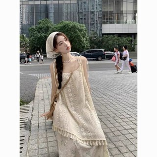 Đi Biển Phong Cách Kỳ Nghỉ Hai Mảnh Đầm Sling Nữ Mùa Hè Tính Khí Siêu Cổ Tích In Tua Rua Không Đều Đi Biển Dài Đầm