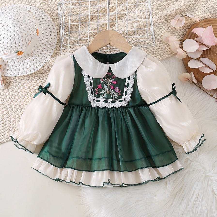 Váy dài tay màu xanh lá cây Đầm ren ruy băng in hoa phong cách Lolita cho bé gái