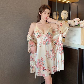 Váy lụa băng + Bộ váy ngủ hai mảnh Váy ngủ in hình nữ Bộ đồ ngủ gợi cảm (có đệm ngực) Đồ ngủ (Phiên bản chất lượng cao)