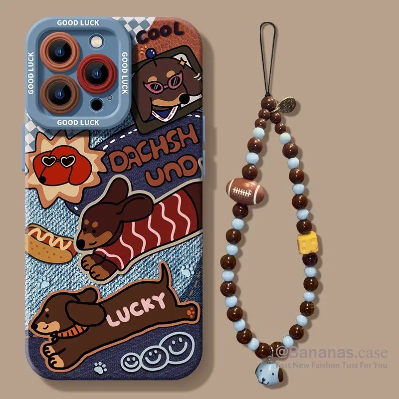 Ốp điện thoại hình chú chó may mắn hoạt hình + dây buộc cho iPhone 17 16 15 14 13 12 11 Pro Max X Xr XsMax 7 8 Plus SE2020