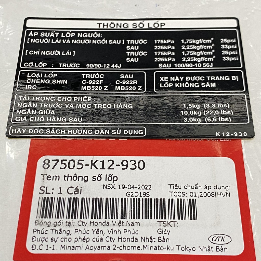 Tem thông số lốp xe lead 125 2015 (87505K12930)