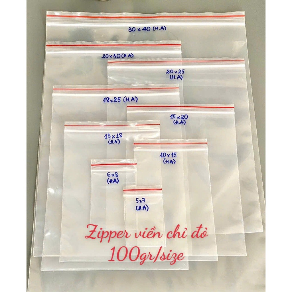 100gr túi zip chỉ đỏ nhiều size(Hàng có sẵn)