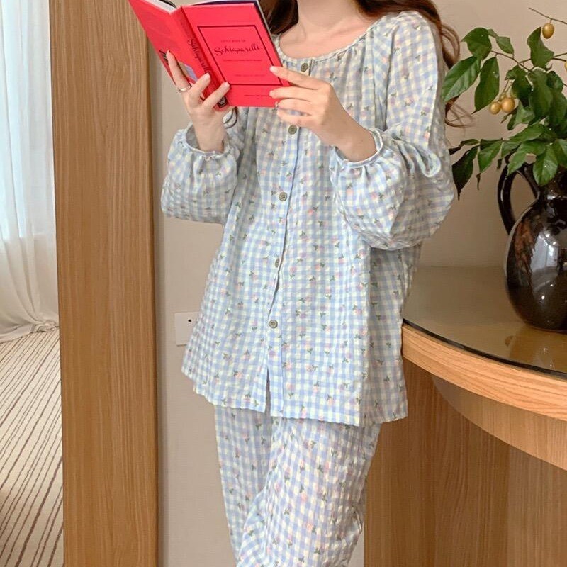 Mùa Xuân Thu Nữ Ngọt Ngào Dễ Thương Kẻ Sọc Hoa Cổ Tròn Dài Tay Bộ Pyjama Rời