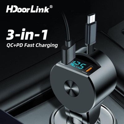 Bộ sạc xe hơi có thể thu vào HdoorLink Bộ sạc nhanh 5in1 Đầu cắm cáp USB Type C có màn hình kỹ thuật số cho XIAOMI Samsung