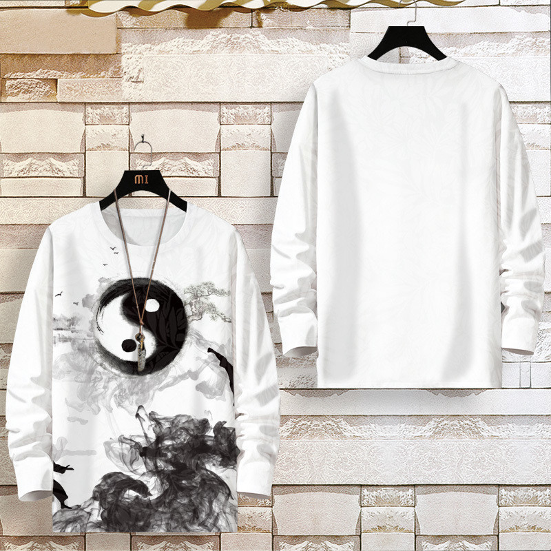Autumn Chinese Style Tai Chi Long Sleeve T-shirt Men plus Size Loose plus Size Crew Neck plus Size r