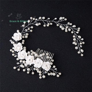 [Grace & Glitter] Trang Sức Tóc Cưới Cho Cô Dâu Ngọc Trai Lược Tóc Làm Bằng Tay Phụ Kiện Tóc mới Lớn