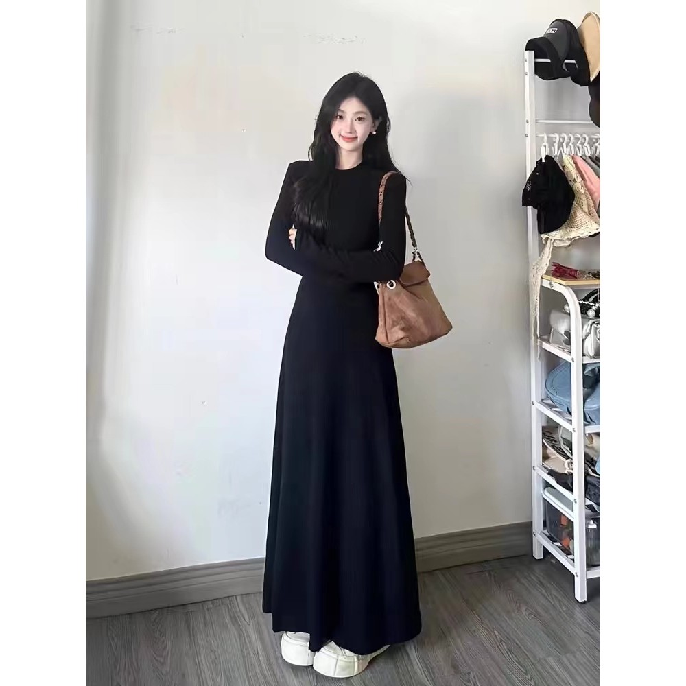Đầm body dáng dài Váy đen dài tay mùa đông Váy liền dài tay màu đen váy dài kiểu Pháp mẫu đầu thu cho nữ | BigBuy360 - bigbuy360.vn