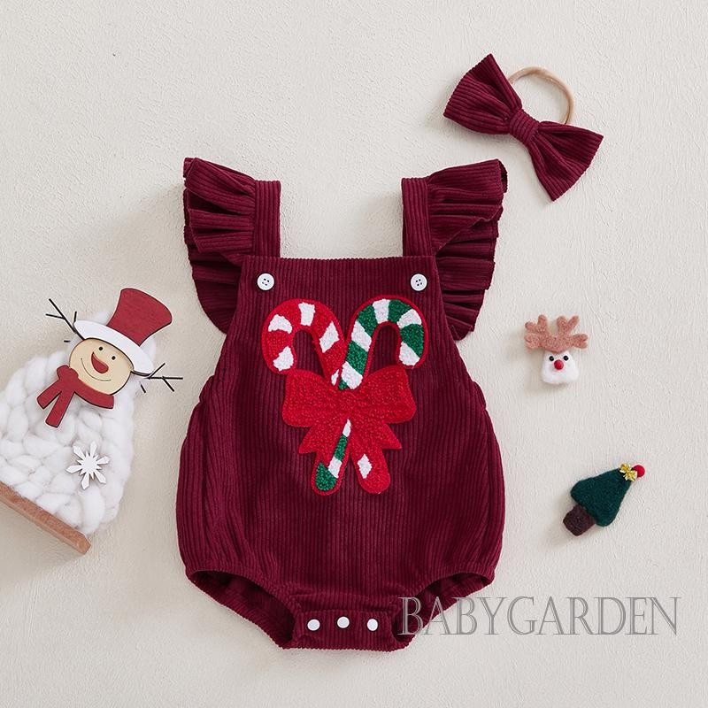 / / -Baby Girl Casual Candy Cane Pattern Áo liền quần và băng đô Quần áo Giáng sinh sơ sinh