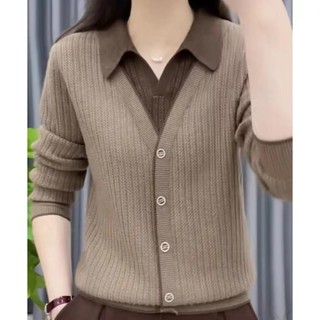  Áo len ve áo hai mảnh giả 2025 Phong cách mới dài tay nhiều lớp Áo chui đầu phong cách phương Tây Áo khoác ngoài Đế mài mòn mồ hôi 