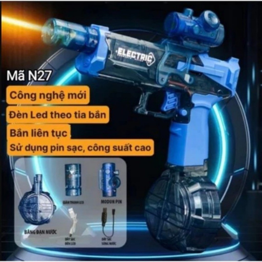Súng nước điện tử tự động DESERT EAGLE thiết kế mới ống nối đèn lazer áp lực mạnh phun xa - Quà tặng